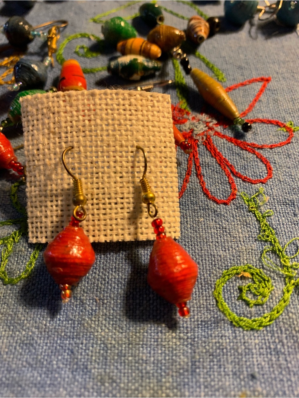 Handmade Red Paper Bead Drop Earrings